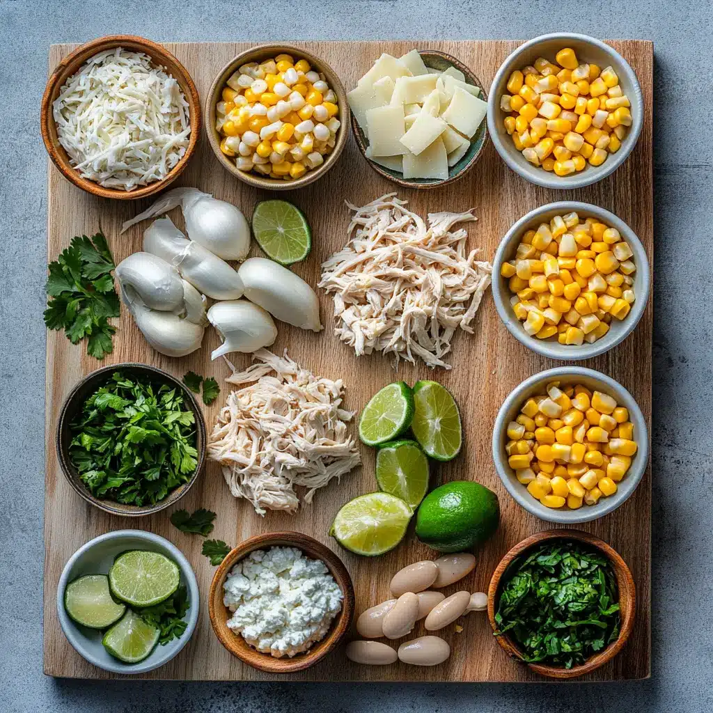 Creamiest White Chicken Chili: Ultimate Comfort Recipe 4 Ingredients for the creamiest white chicken chili laid out on a kitchen counter, including rotisserie chicken, white beans, green chiles, cream cheese, and spices