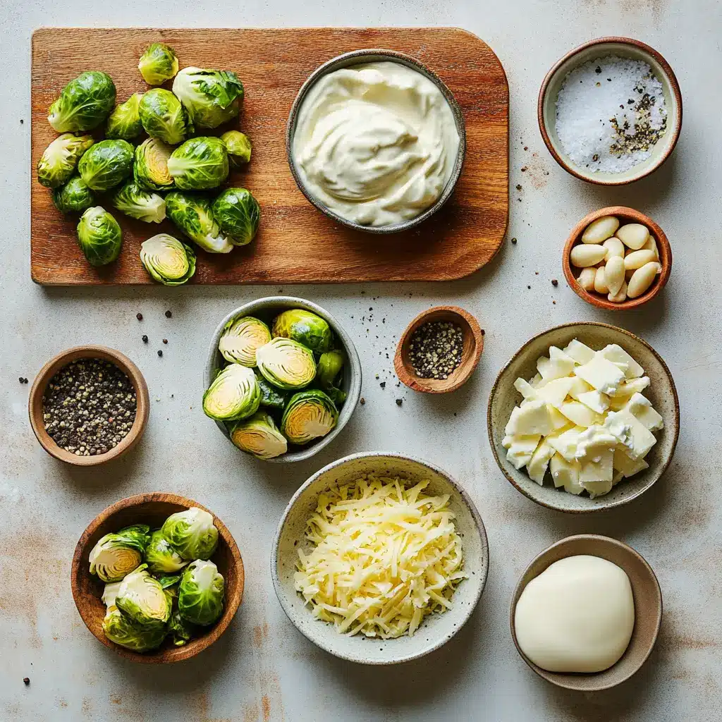 Creamy Baked Brussels Sprouts: A Delicious Must-Try Recipe 4 Overhead view of ingredients for creamy baked Brussels sprouts, neatly arranged