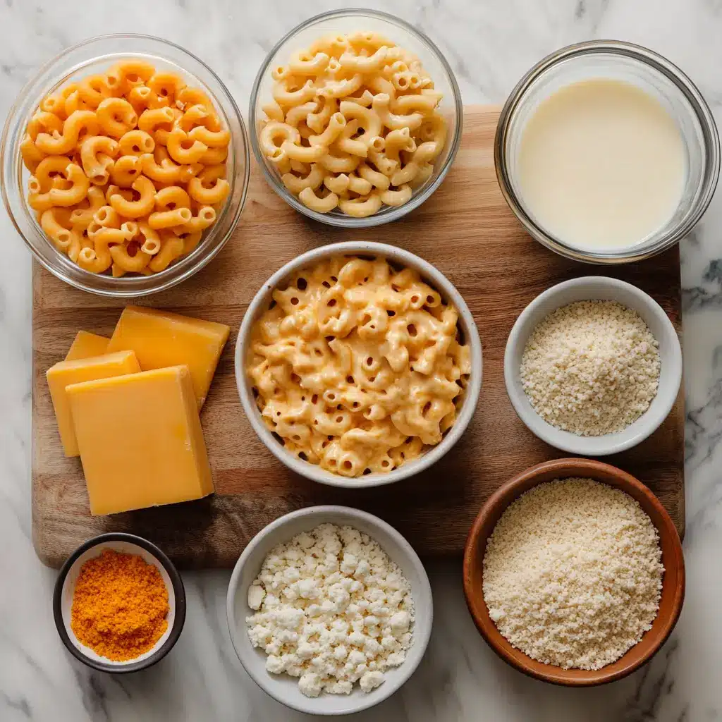 Creamy Baked Mac and Cheese: The Ultimate Comfort Food 4 Ingredients laid out for creamy baked mac and cheese including cheddar cheese, milk, butter, pasta