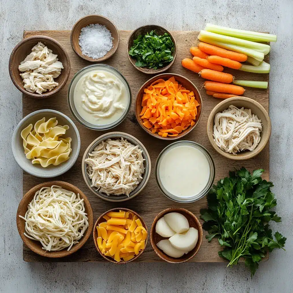 Creamy Chicken Noodle Soup for Irresistible Comfort 4 Top-down view of creamy chicken noodle soup ingredients arranged neatly