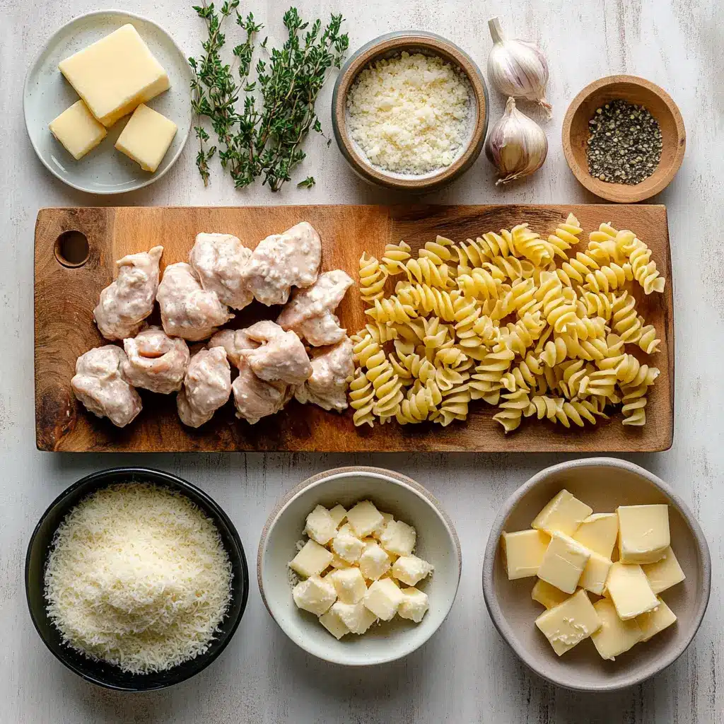 Creamy Garlic Parmesan Chicken for Irresistible Dinner 4 Ingredients layout for Creamy Garlic Parmesan Chicken with Cheesy Twisted Pasta, showing chicken, garlic, cream, pasta, and cheese