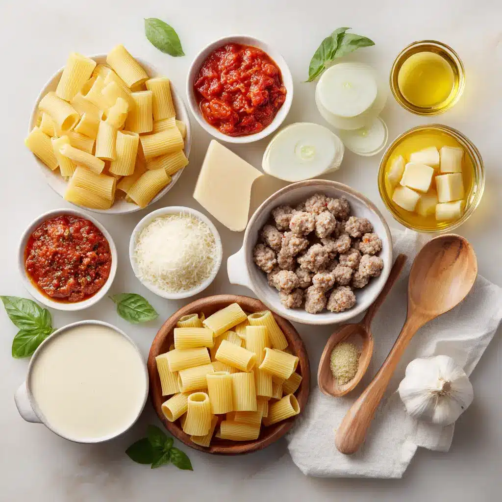 Creamy Italian Sausage Rigatoni: Easy Delicious Recipe 4 Ingredients for creamy Italian sausage rigatoni including browned sausage, rigatoni pasta, cream, tomatoes, parmesan and fresh herbs