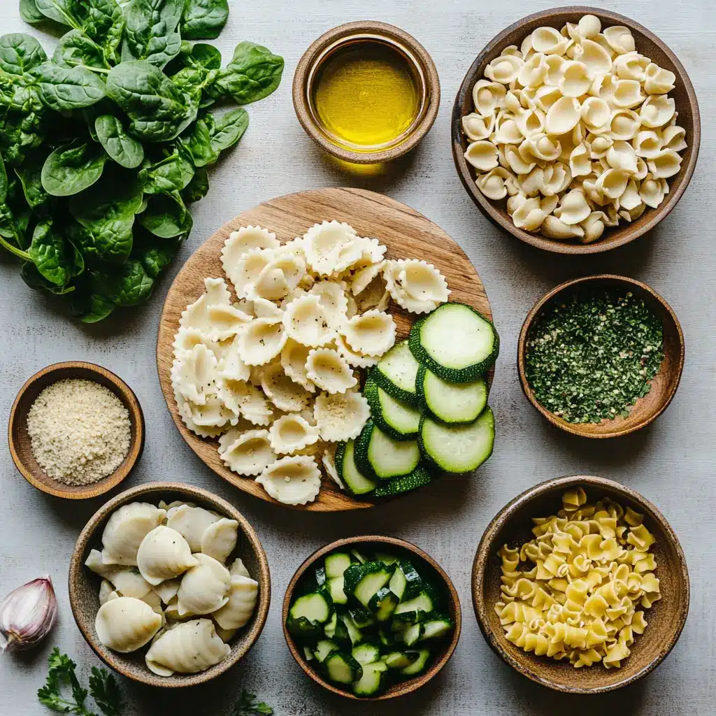 Ingredients for creamy protein packed pasta bowl including shell pasta, chicken sausage, zucchini, spinach, and cream cheese