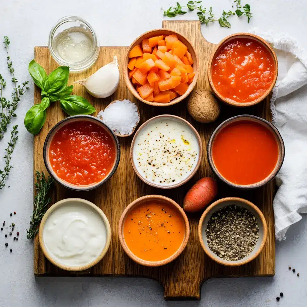 Creamy Tomato Soup: Simple and Delicious Recipe 4 Ingredients for creamy tomato soup including canned tomatoes, fresh basil, carrot, onion, tomato paste, heavy cream and garlic