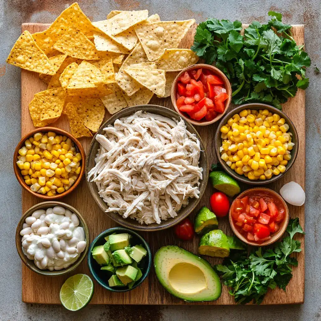 Creamy White Chicken Chili Recipe for Ultimate Comfort 4 Ingredients for creamy white chicken chili laid out neatly on kitchen counter: white beans, rotisserie chicken, cream cheese, green chilies