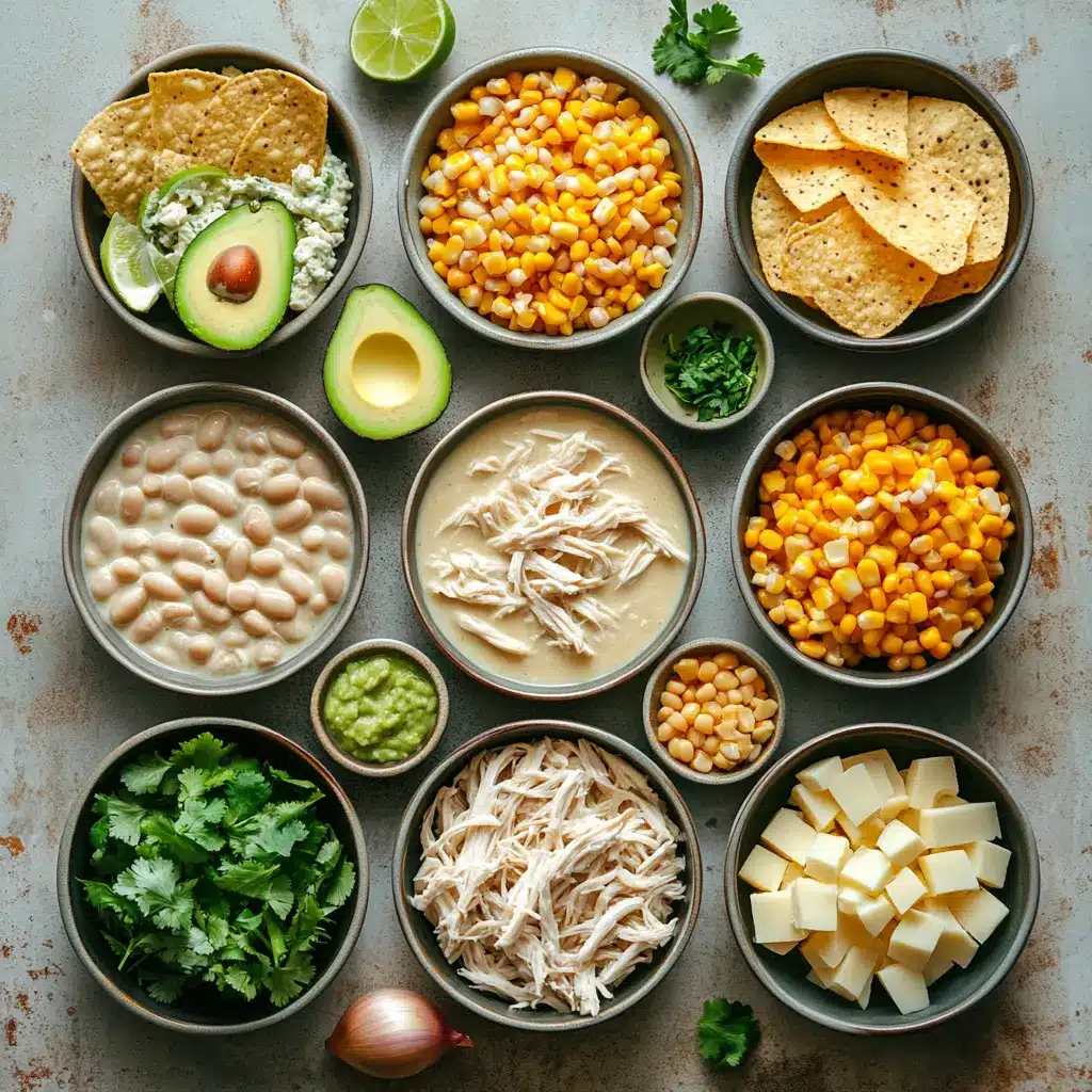 Creamy White Chicken Chili: Simple and Irresistible Recipe 4 Ingredients for creamy white chicken chili organized on kitchen counter including beans, chicken, spices, green chiles, and cream cheese
