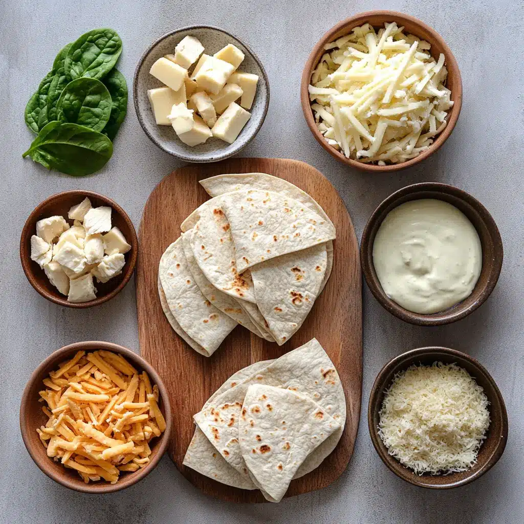 Crispy Air Fryer Chicken & Mozzarella Wraps: Ultimate Meal! 4 Ingredients for Crispy Air Fryer Chicken Mozzarella Wraps including tortillas, chicken, and cheese arranged cleanly