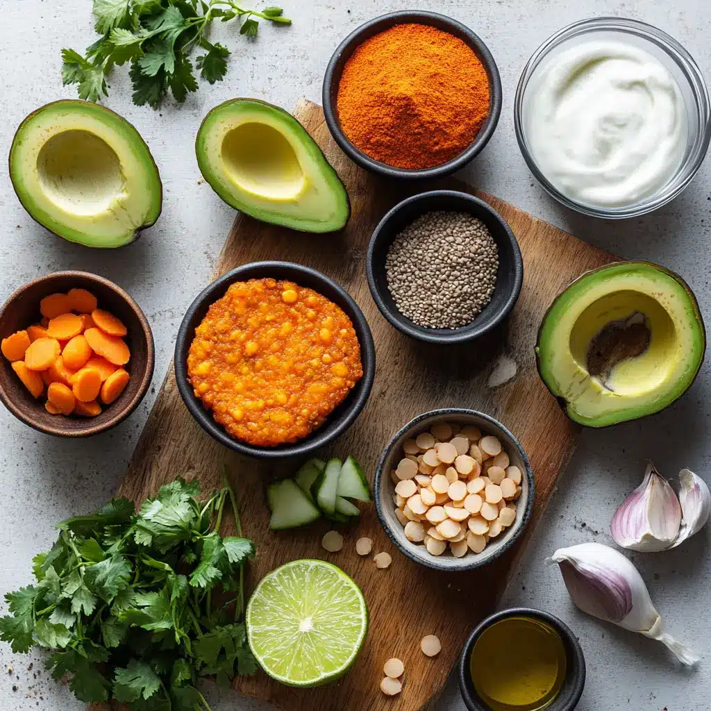 Ingredients for crispy sweet potato and red lentil patties arranged neatly on a countertop