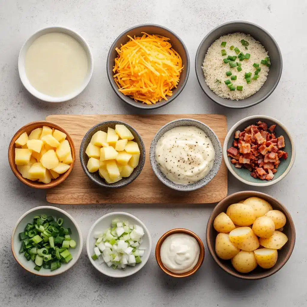 Crock Pot Crack Potato Soup Easy Delicious Recipe 4 Overhead view of Crock Pot Crack Potato Soup ingredients including potatoes, cheese, and bacon