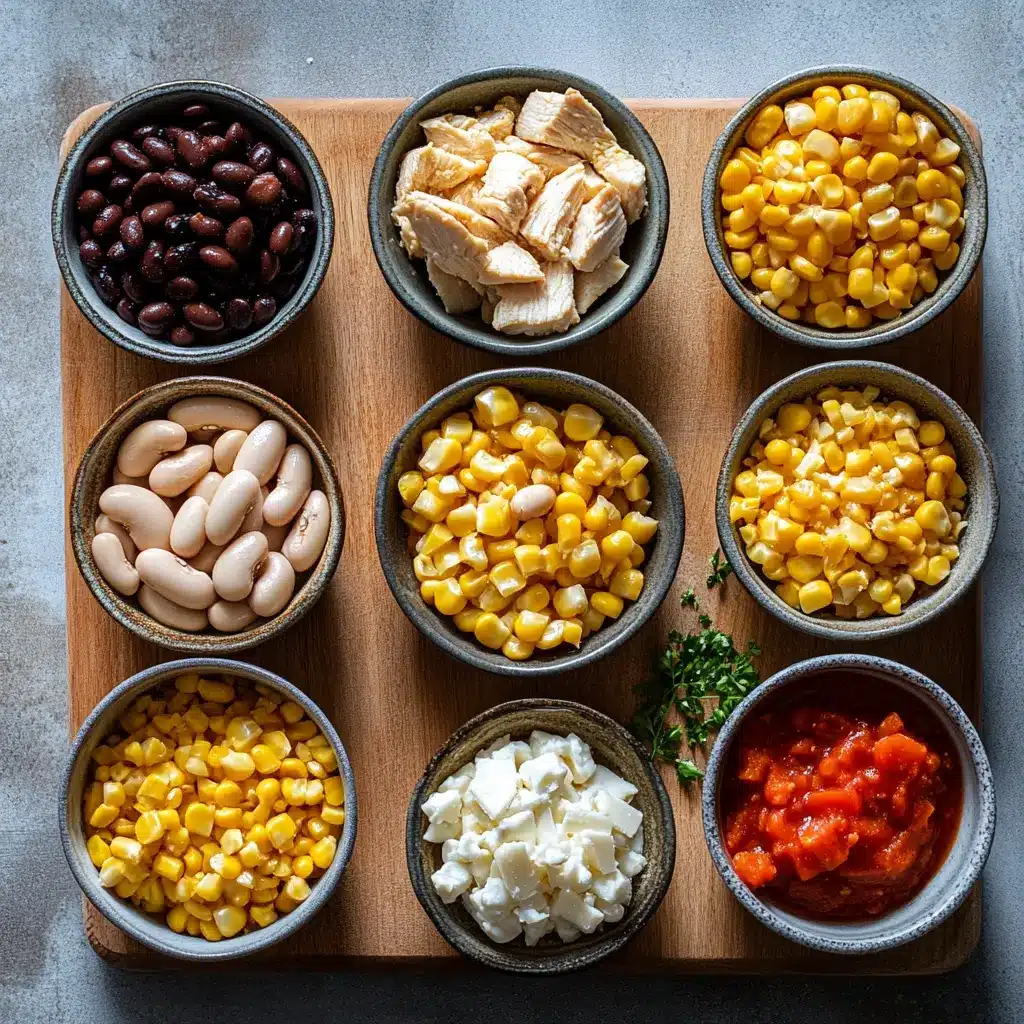 Crock Pot White Chicken Chili: Easy and Delicious Recipe 4 Top-down view of ingredients used in crock pot white chicken chili including beans, chicken, and seasonings