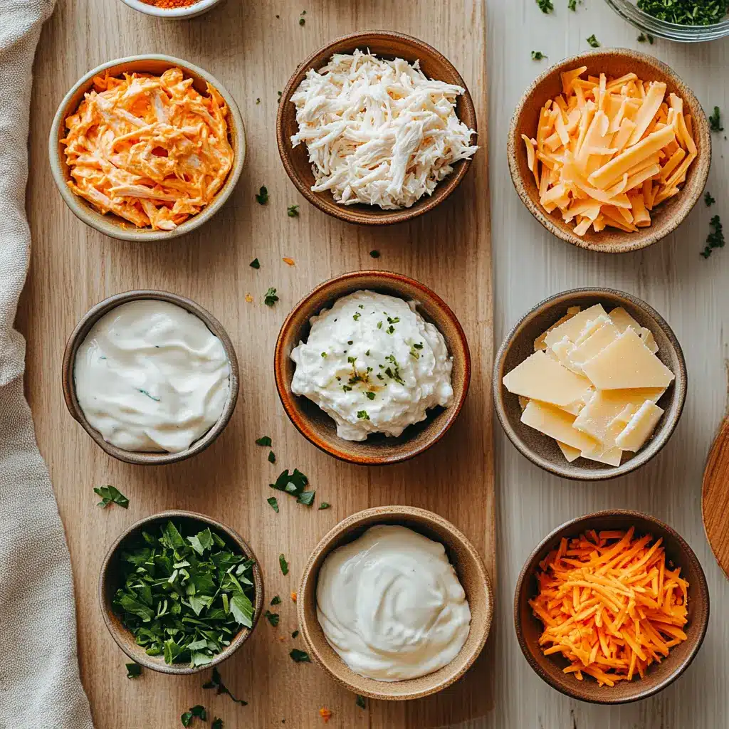 Ingredients for Crockpot Buffalo Chicken Dip Recipe displayed neatly
