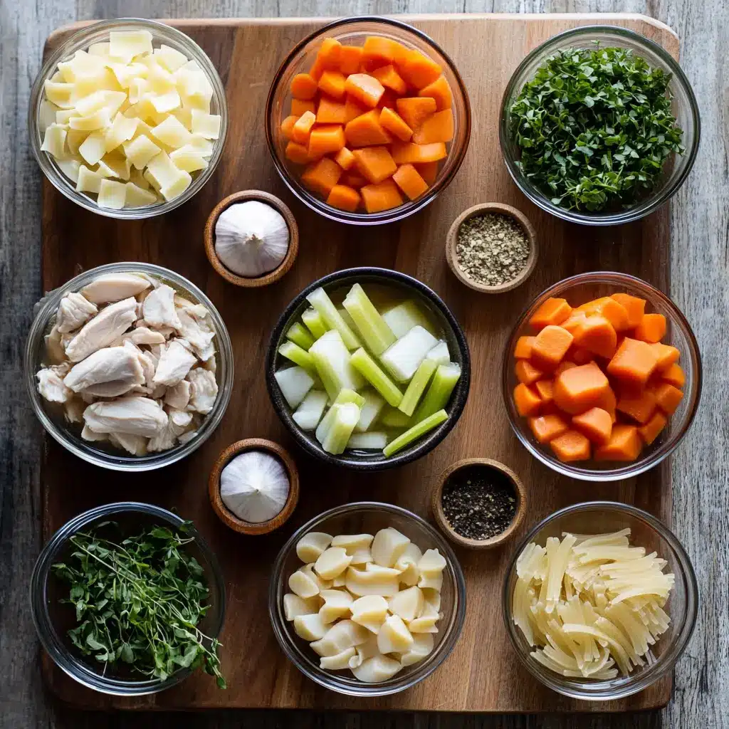 Ingredients for crockpot chicken noodle soup laid out in prep bowls on counter
