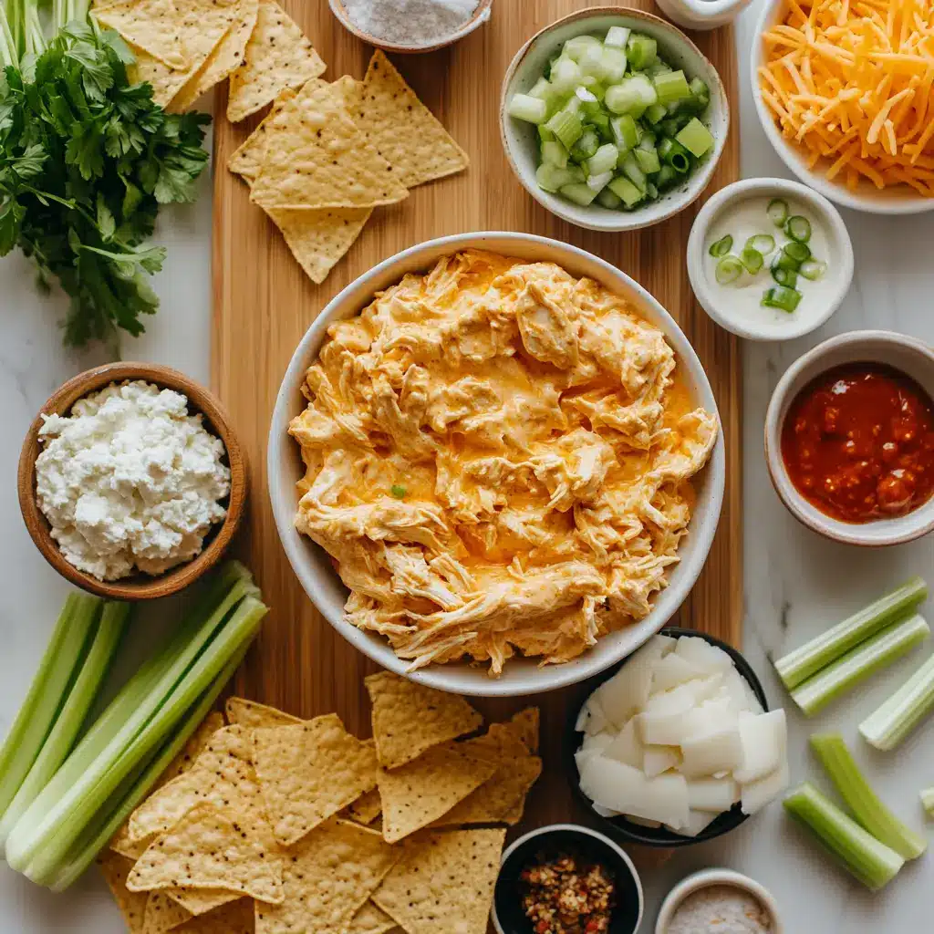 Crockpot Creamy Buffalo Chicken Dip Recipe That Is Irresistible 4 Top-down view of creamy buffalo chicken dip in a crockpot with ingredients beside it