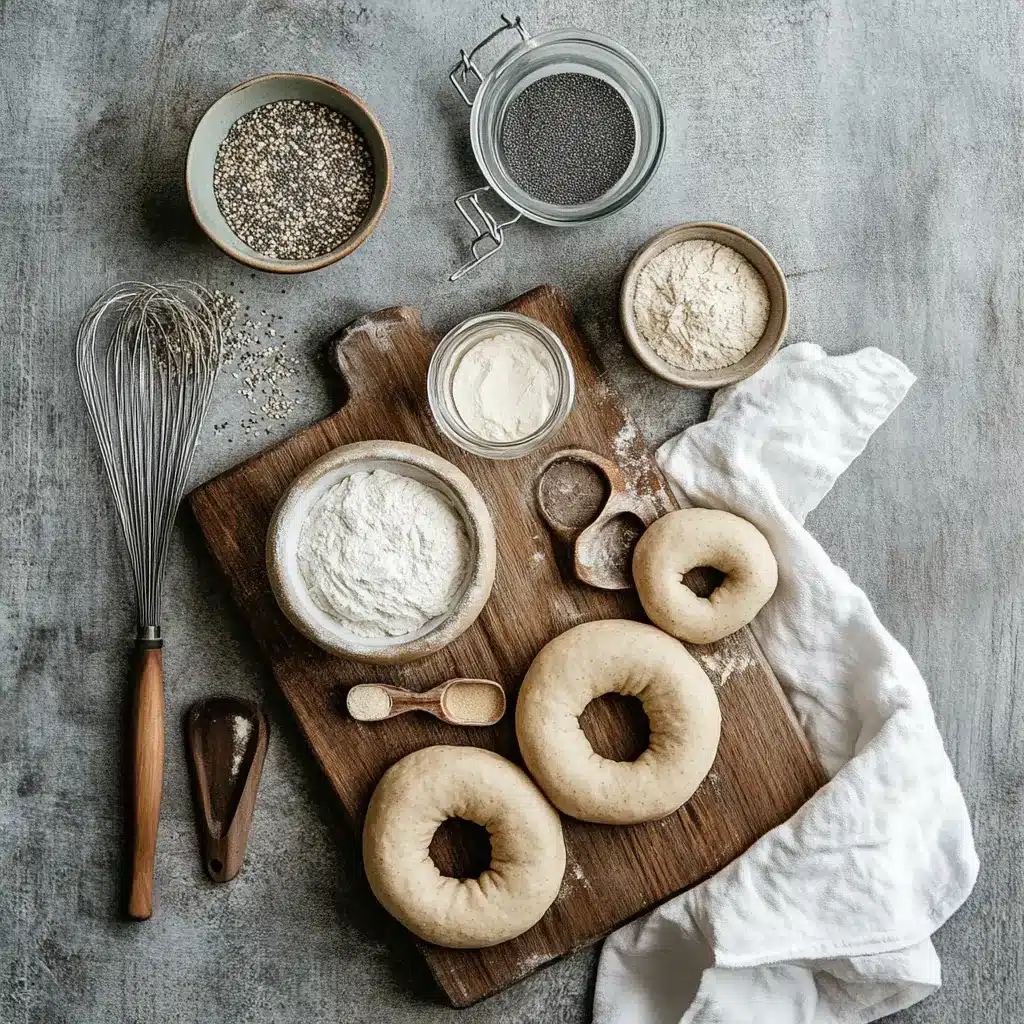 Protein bagel ingredients: spelt flour, low-fat quark, sesame, poppy seeds, and formed dough rings on napkin
