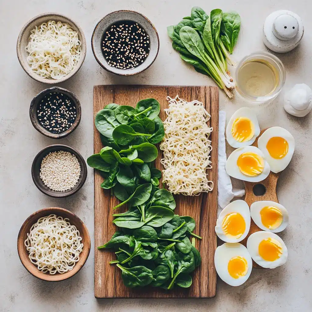 Ingredients for Dumpling Ramen Bowl including frozen dumplings, ramen noodles, fresh spinach, eggs, green onions, soy sauce, and black sesame seeds