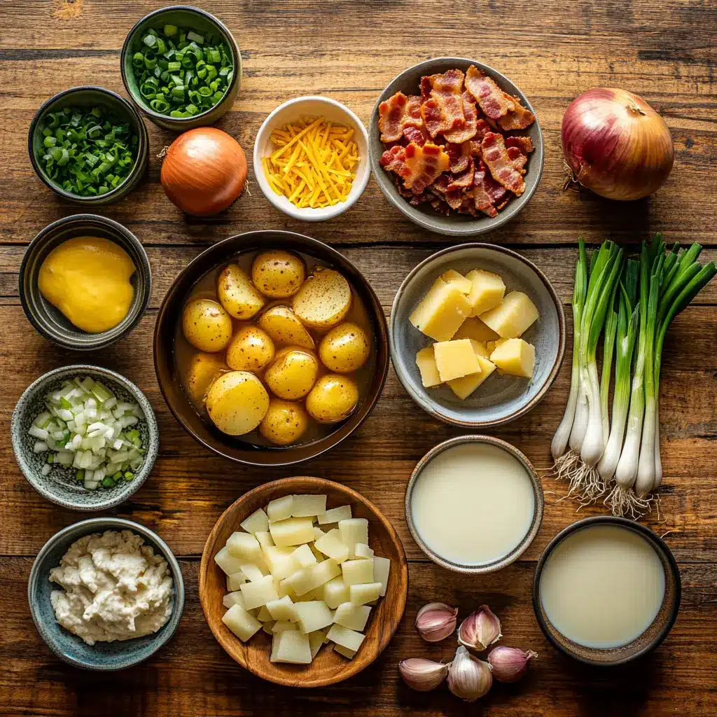 Easy Baked Potato Soup: Delicious Quick Recipe 4 Key ingredients laid out for making Easy Baked Potato Soup including bacon, potatoes, onions, broth, and cheese