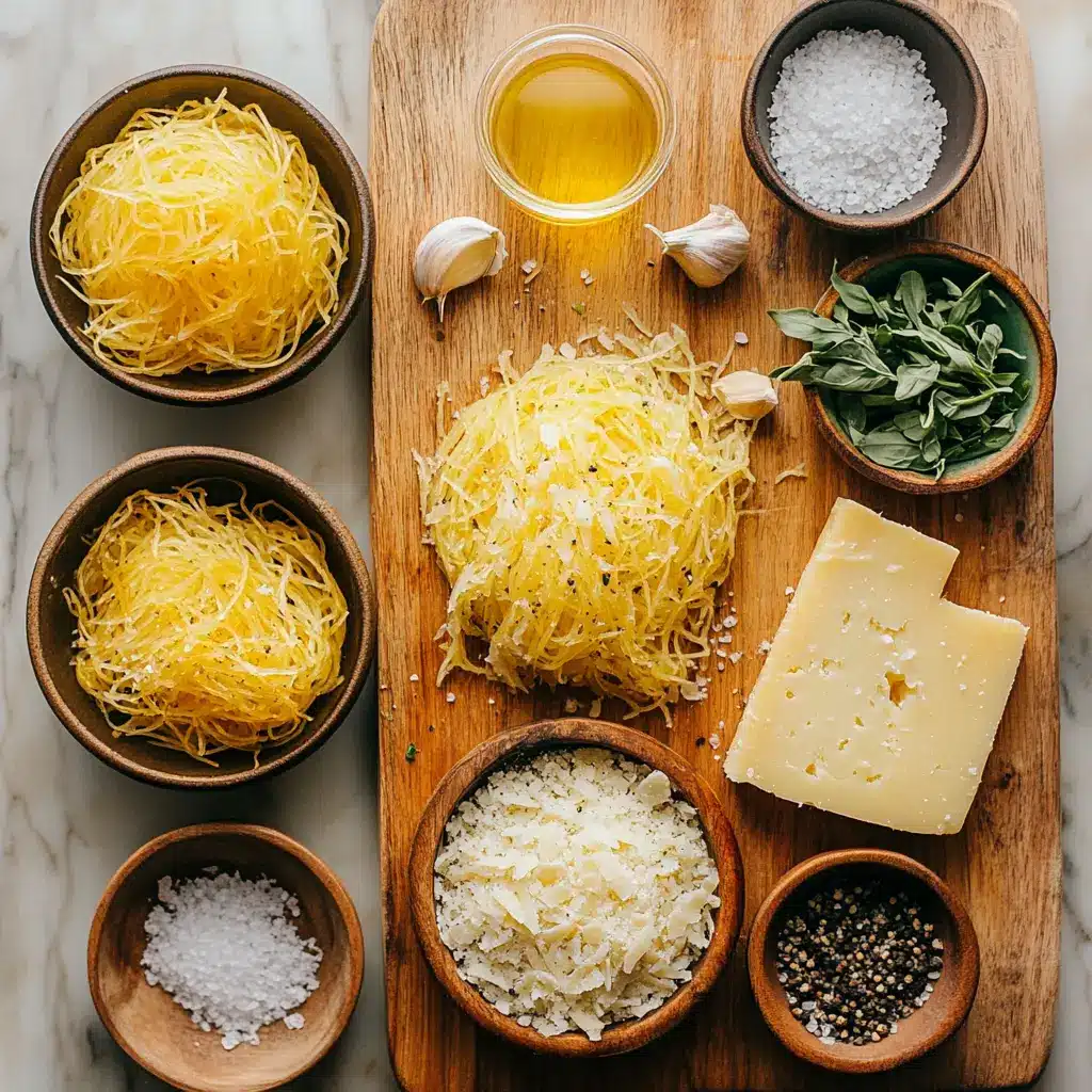 Easy Baked Spaghetti Squash: Delicious & Quick Recipe 4 Ingredients laid out for easy baked spaghetti squash recipe, including a whole spaghetti squash, garlic, fresh herbs, and olive oil