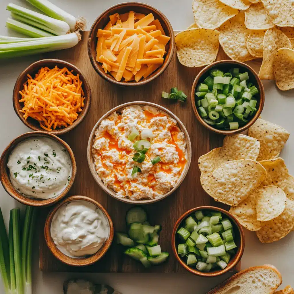 All ingredients for easy buffalo chicken dip recipe displayed clearly on a countertop