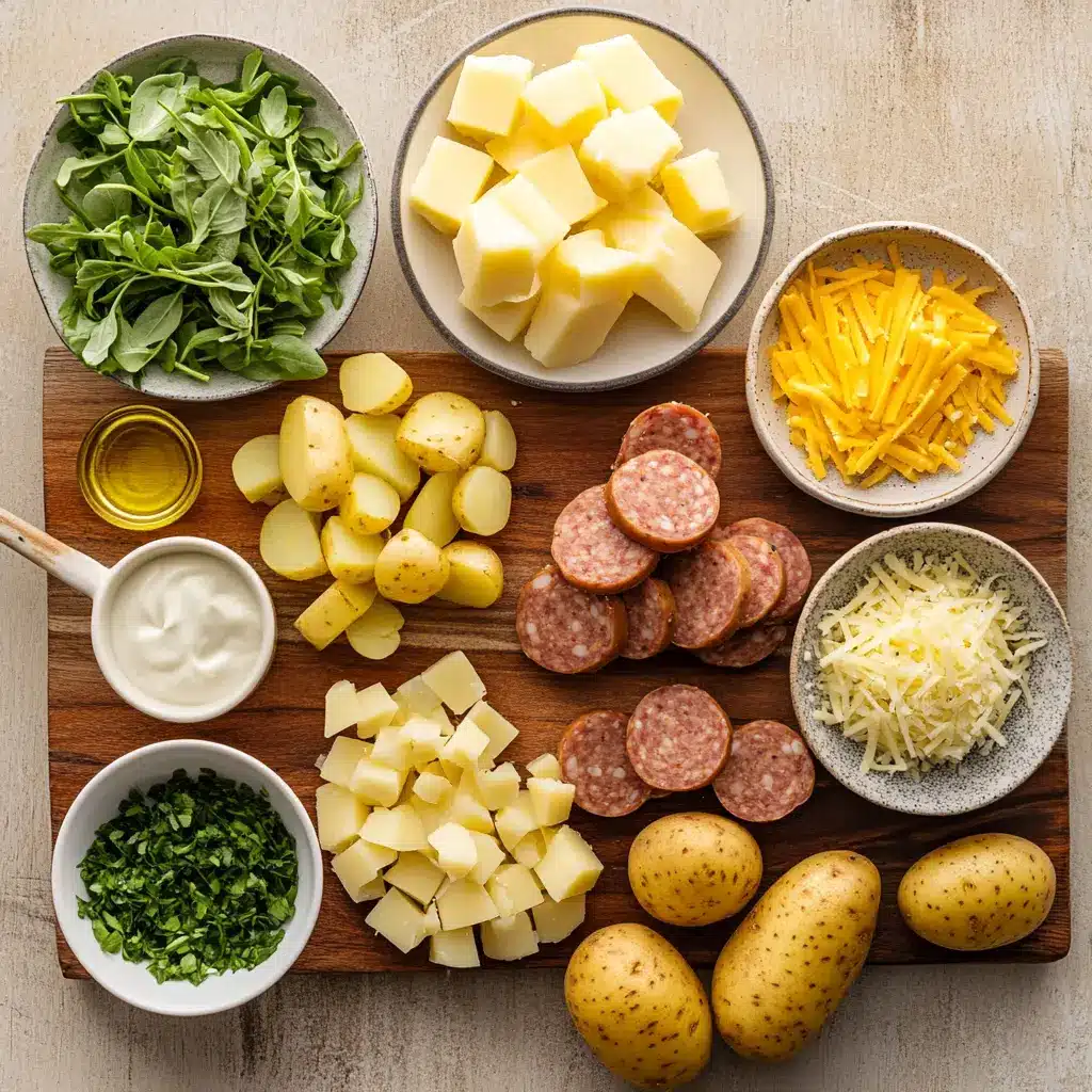 Cheesy Ranch Potatoes and Smoked Sausage with melted cheddar and crisp herbs in oven pan