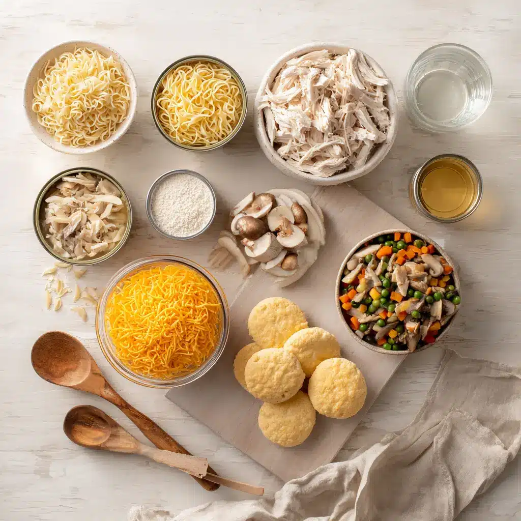 Easy Chicken Pot Pie Casserole: Irresistibly Quick Magic 4 Ingredients for Easy Chicken Pot Pie Casserole including egg noodles, cream soups, vegetables, and cheddar cheese