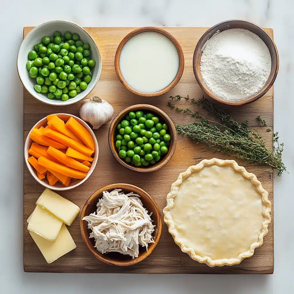 Easy Chicken Pot Pie Recipe You Must Try Now 5 Top-down view of easy chicken pot pie ingredients including vegetables and herbs