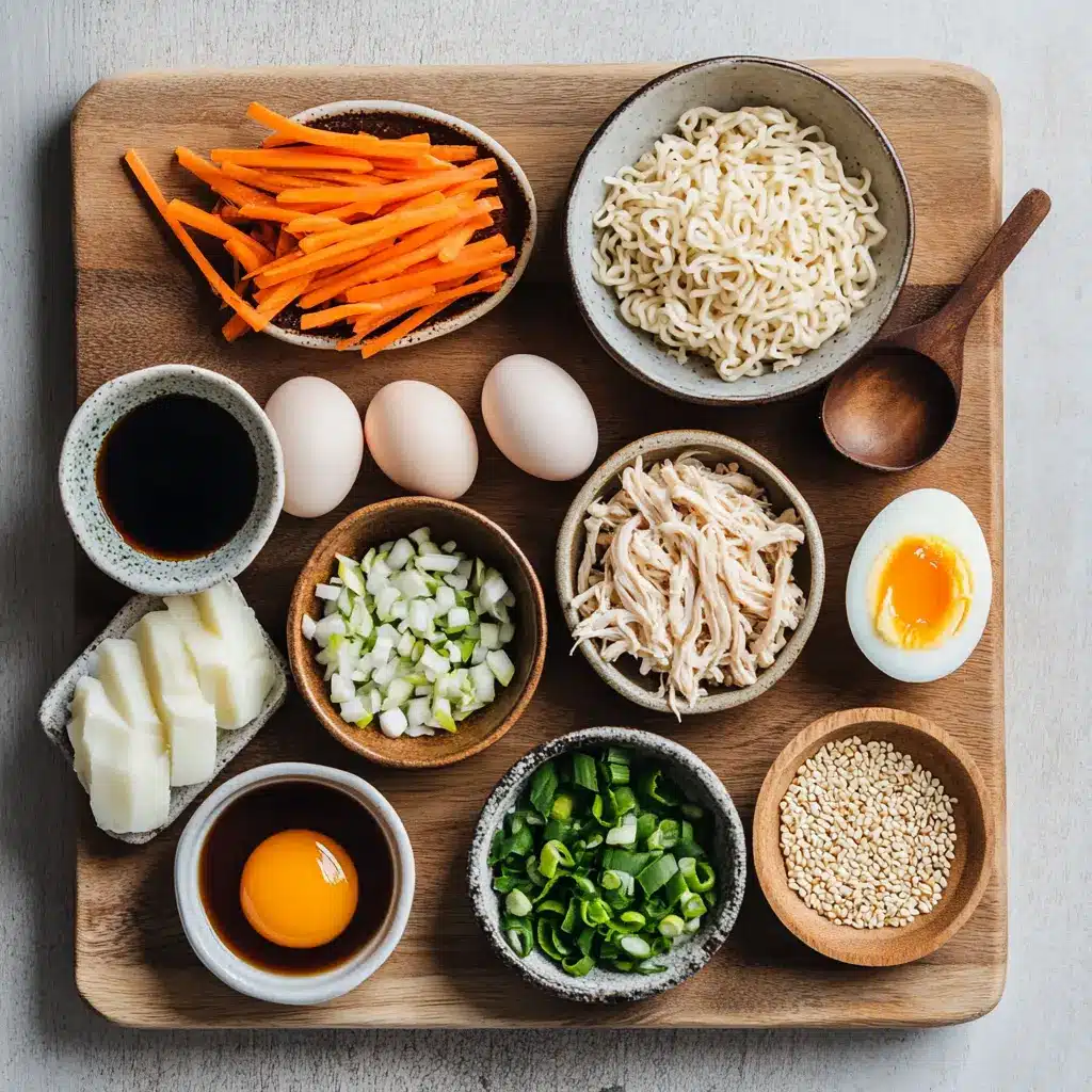 Ingredients for easy chicken ramen: shredded chicken, soft-boiled eggs, spring onions, sesame seeds