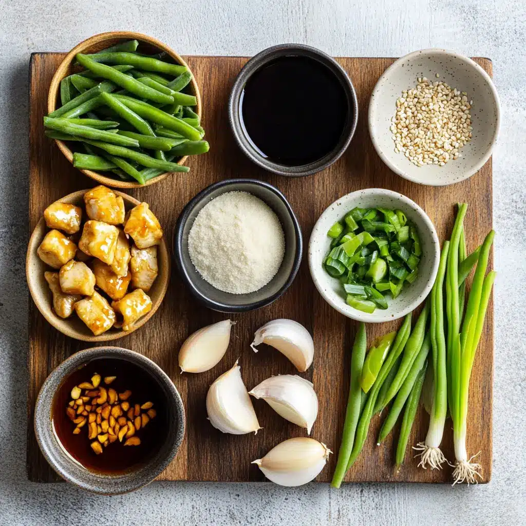Easy Chinese Chicken and Green Beans: A Delicious Meal 4 Ingredients laid out neatly for Easy Chinese Chicken and Green Beans, including chicken, green beans, soy sauce, and garlic
