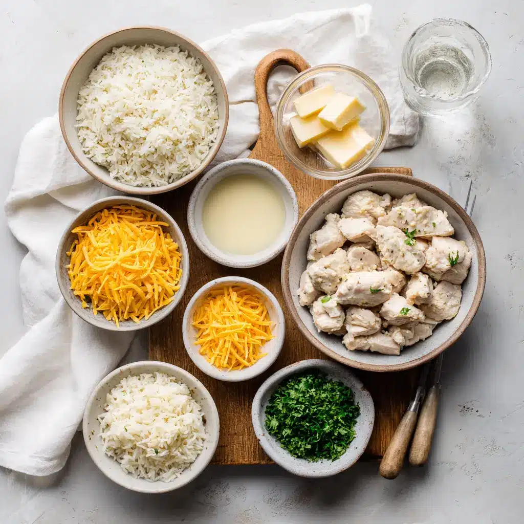 Ingredients for Easy Creamy Smothered Chicken and Rice laid out on kitchen counter for prep