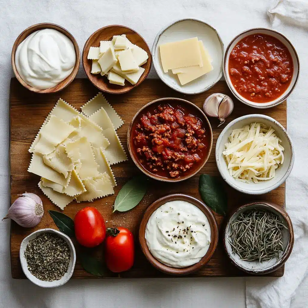 Easy Lasagna Soup No Ricotta: Quick Comforting Meal 4 Ingredients for Easy Lasagna Soup without Ricotta including pasta, herbs, beef, and tomatoes on a white counter