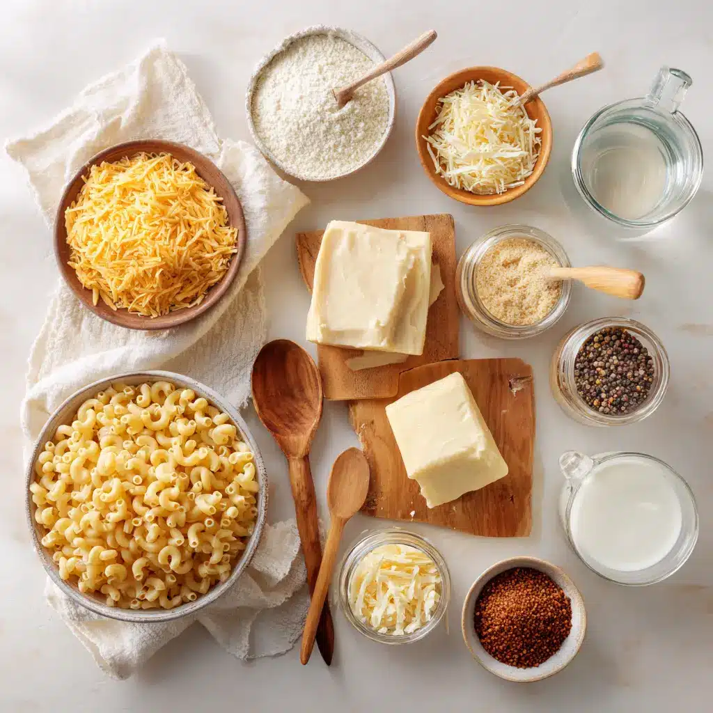 Extra Creamy Classic Mac and Cheese: Perfect Comfort Food 4 Ingredients displayed for making EXTRA CREAMY CLASSIC MAC AND CHEESE including sharp cheddar, Monterey Jack, mustard powder, and pasta