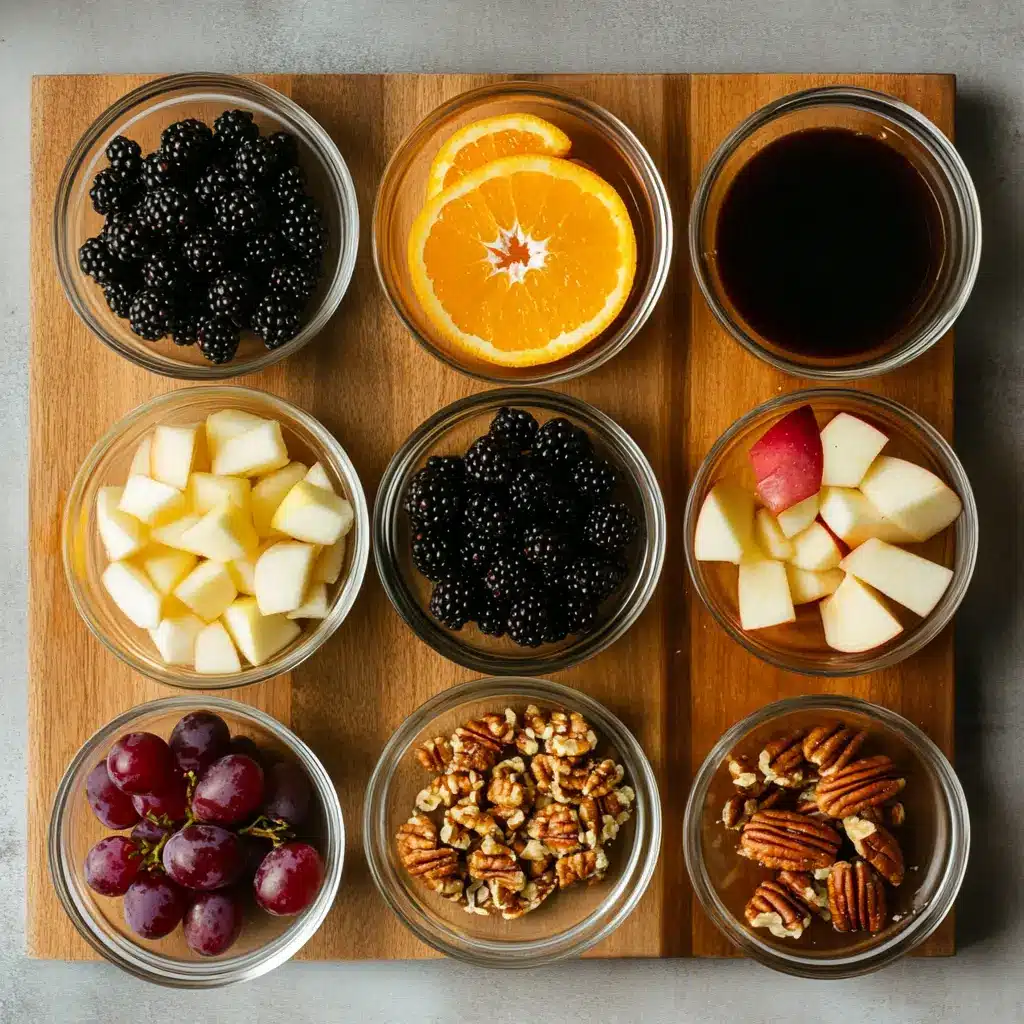 Fall Fruit Salad: Delicious and Simple Recipe 5 Top view of fall fruit salad ingredients laid out in bowls and on a wood board