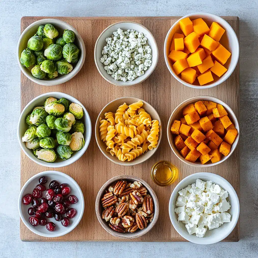 Fall Harvest Pasta Salad Easy Cozy Recipe 4 Ingredients neatly arranged for fall harvest pasta salad: roasted squash, cranberries, pecans