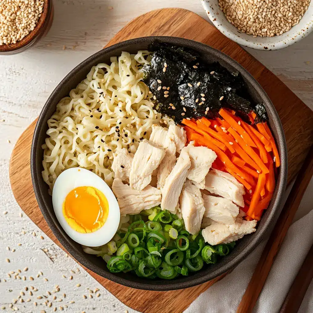 Bowl of creamy fiery chicken ramen garnished with soft-boiled egg and scallions