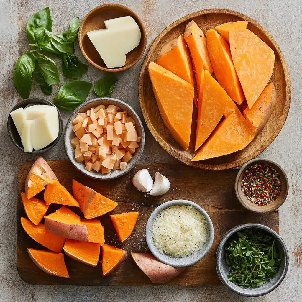 Garlic Parmesan Sweet Potato Wedges You'll Love 4 Top-down view of garlic parmesan sweet potato wedges with ingredients displayed.