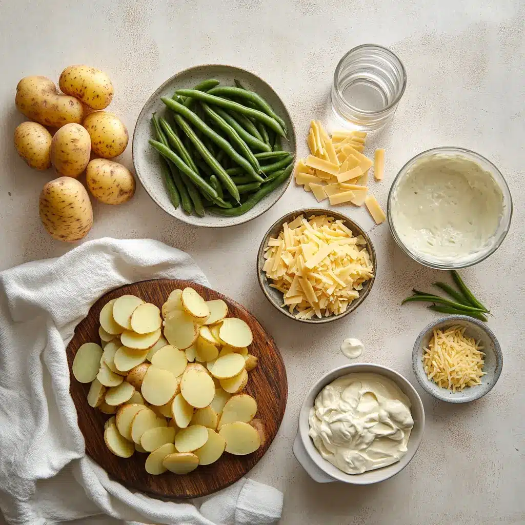 Green Bean and Potato Casserole: Simple Delicious Recipe 4 Ingredients for green bean and potato casserole: canned diced potatoes, green beans, shredded Colby cheese, and cream of chicken soup