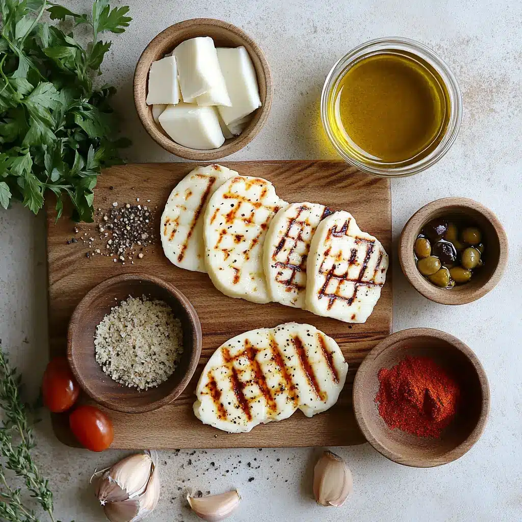 Grilled Halloumi Cheese: Easy and Irresistible Recipe 4 Ingredients for grilled halloumi cheese: block of halloumi and extra-virgin olive oil on cutting board