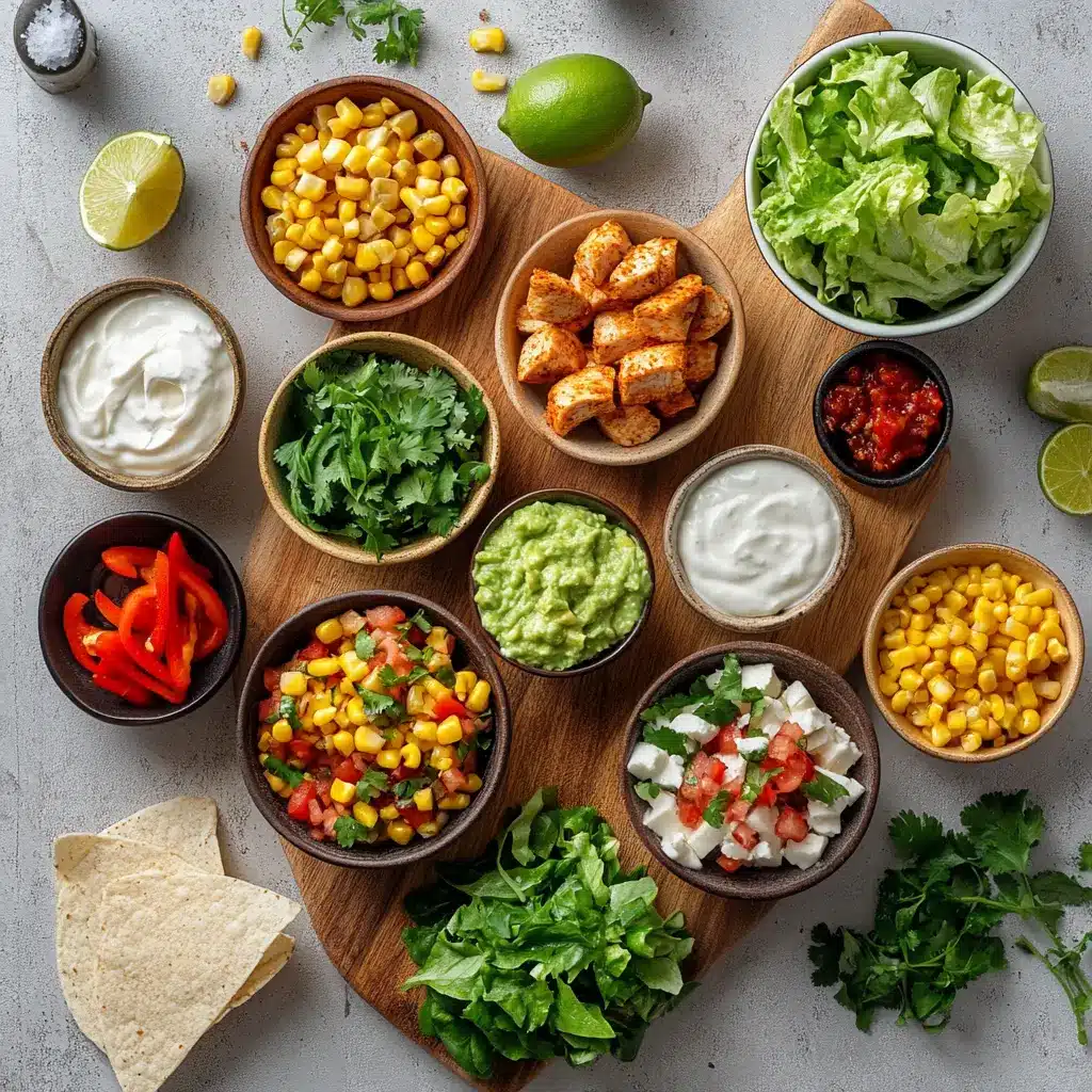Healthy Chicken Taco Bowls: Delicious Quick Protein Fix 4 Ingredients laid out for healthy chicken taco bowls including chicken, lettuce, corn, and toppings