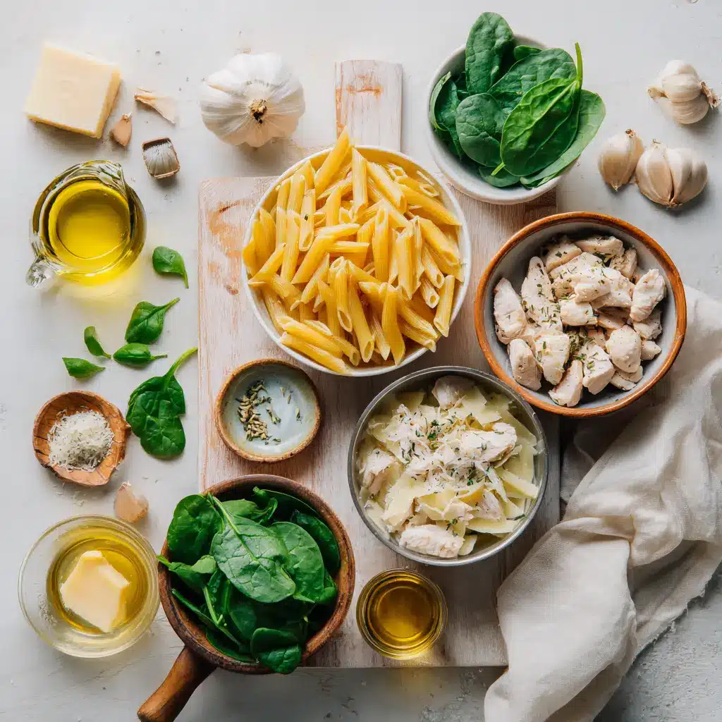 Healthy Garlic Parmesan Chicken Pasta: Easy and Delicious 4 Healthy Garlic Parmesan Chicken Pasta ingredients - close up of plated dish with whole wheat penne, juicy chicken, garlic, baby spinach and fresh parmesan