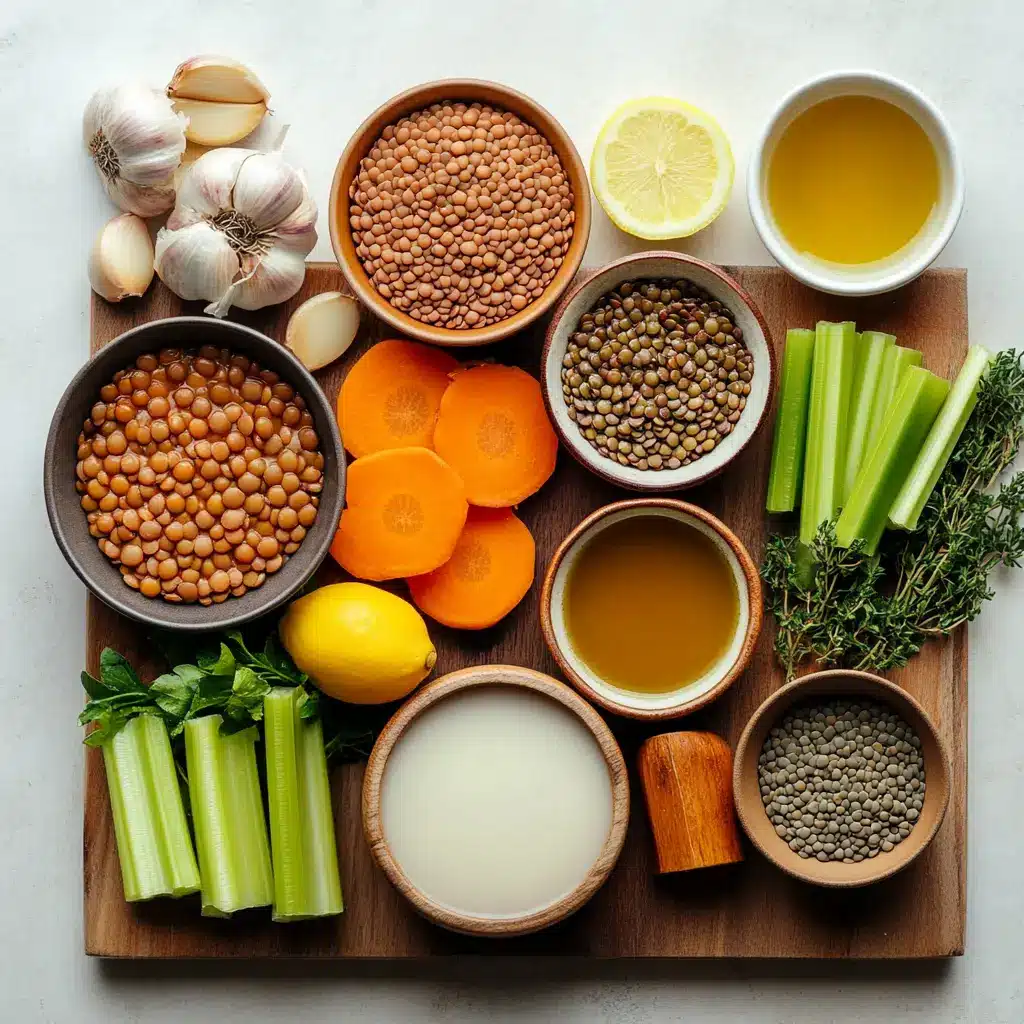 A bowl of hearty lentil soup with carrots, celery, and herbs in a tomato-based broth