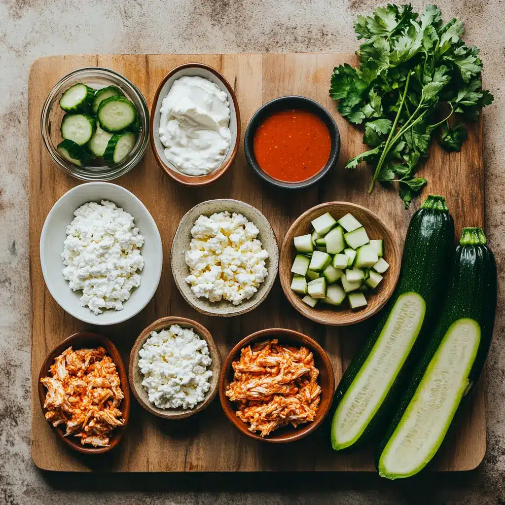 High Protein Buffalo Chicken Boats for Easy Low Cal Delight 4 Fresh ingredients for high protein buffalo chicken stuffed zucchini boats, including zucchini, cottage cheese, and buffalo sauce