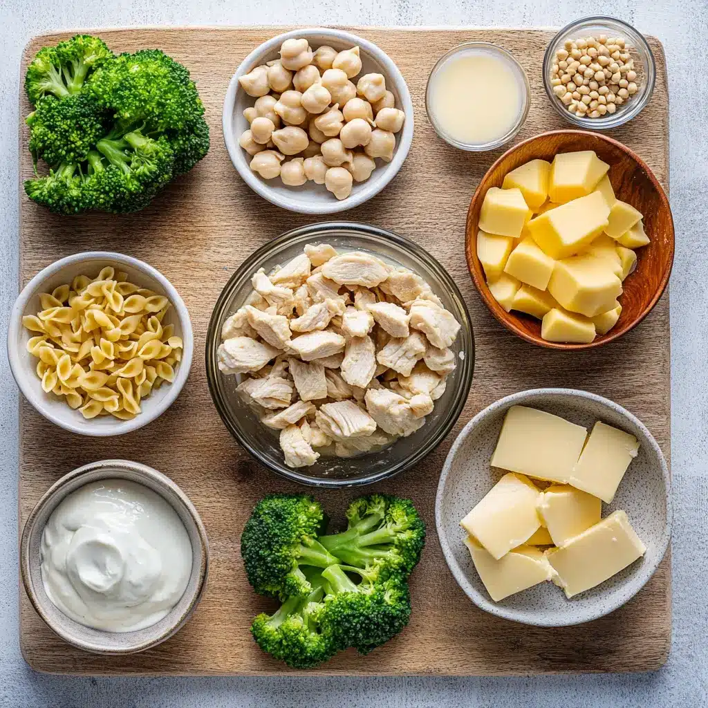 High Protein Chicken Alfredo Recipe: Easy Delicious Meal 4 Flat lay of ingredients for high protein chicken alfredo: chicken tenders, chickpea pasta, broccoli, mozzarella and alfredo sauce
