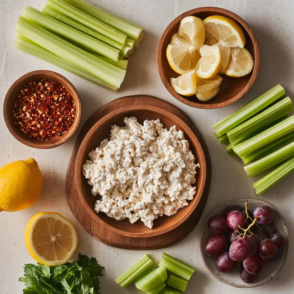 Overhead view of ingredients for high protein chicken salad including chicken, cottage cheese, lemon, grapes, and celery.