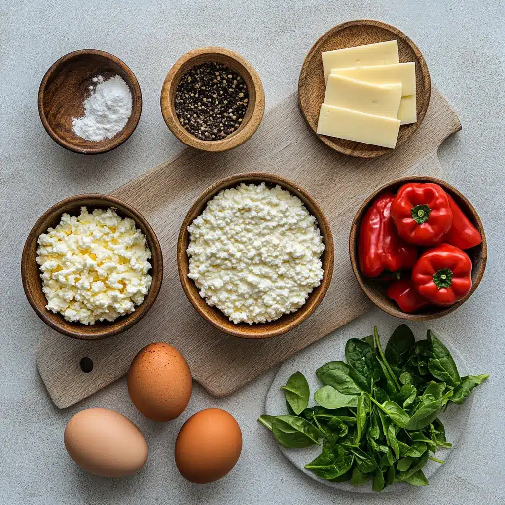 Ingredients for high protein cottage cheese egg bake including eggs, red pepper, spinach, and cottage cheese