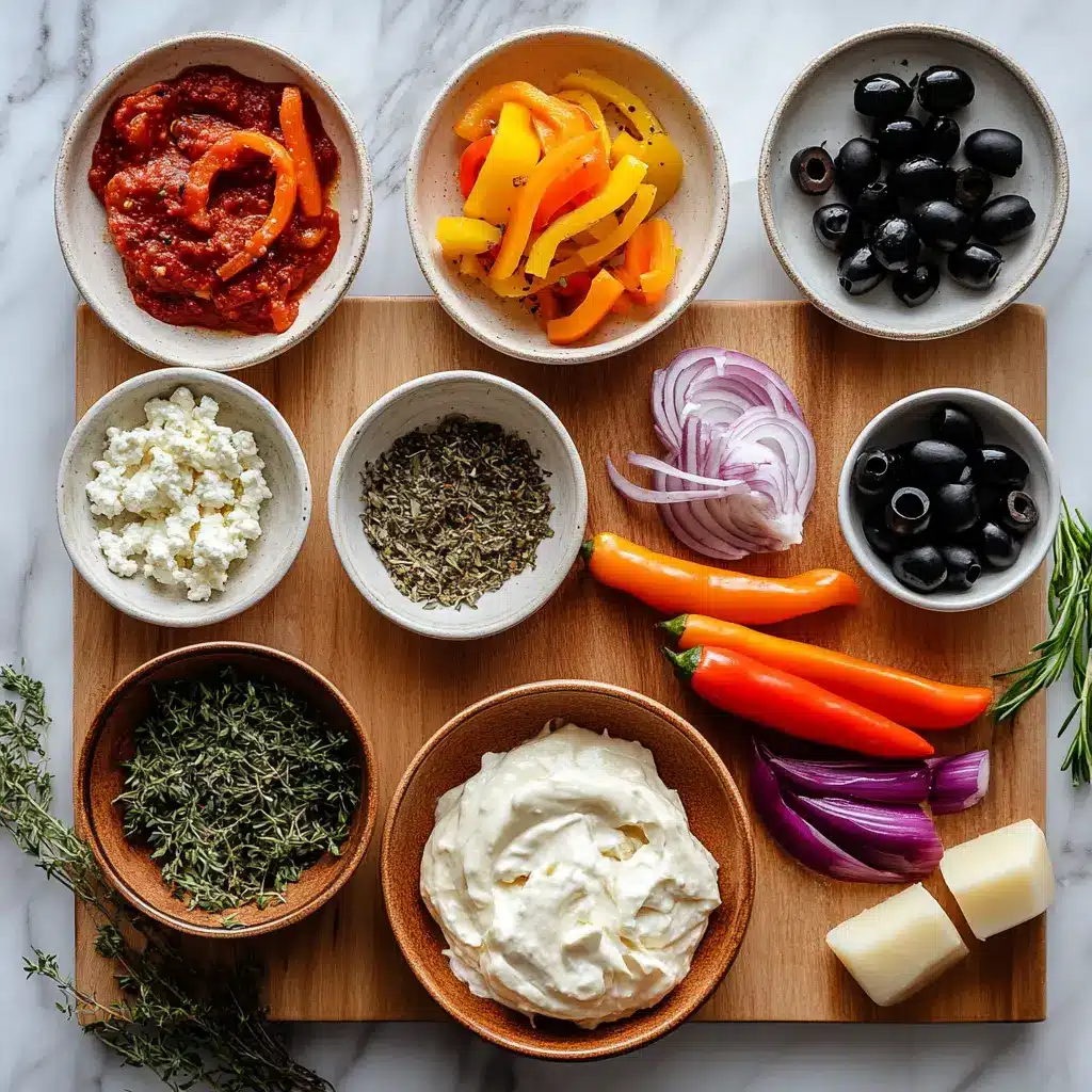 High Protein Cottage Cheese Pizza Bowl Recipe to Love 4 Ingredients laid out for making a high protein cottage cheese pizza bowl, including cottage cheese, pizza sauce, and colorful veggies