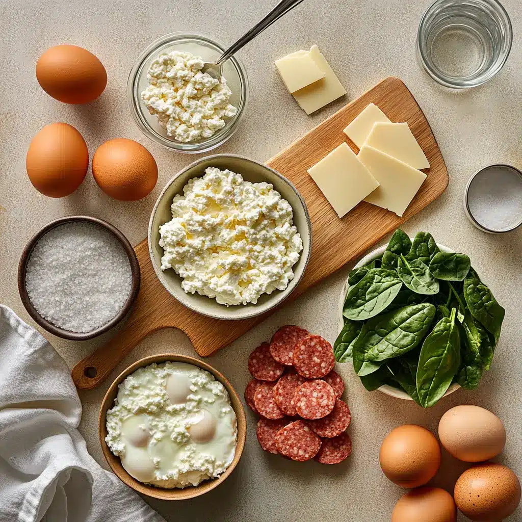 High-Protein Cottage Cheese Breakfast Ideas 4 Ingredients for high protein cottage cheese breakfast casserole including eggs, turkey sausage, spinach, and melted cheese