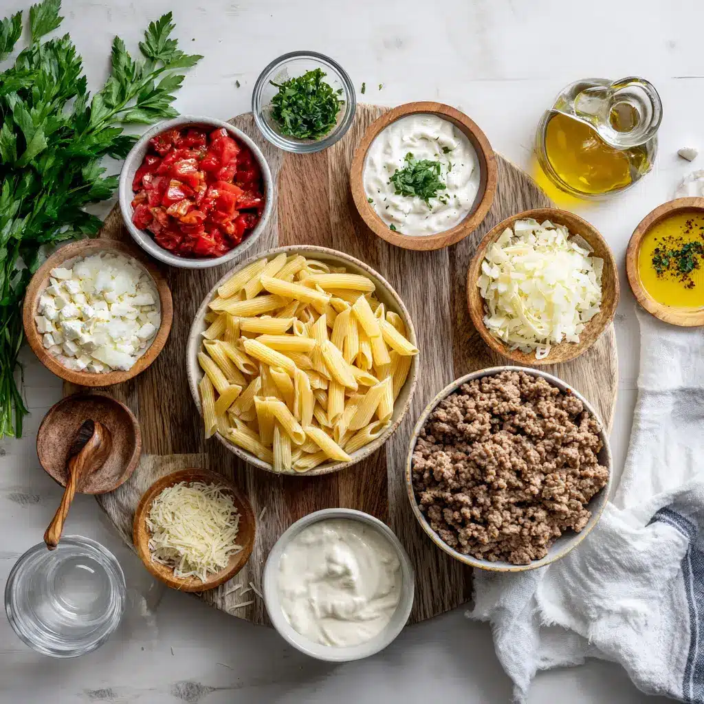 High Protein Creamy Beef Pasta Recipe: Irresistibly Delicious 5 Ingredients laid out for high protein creamy beef pasta recipe - Greek yogurt, Parmesan, ground beef, pasta, and broth