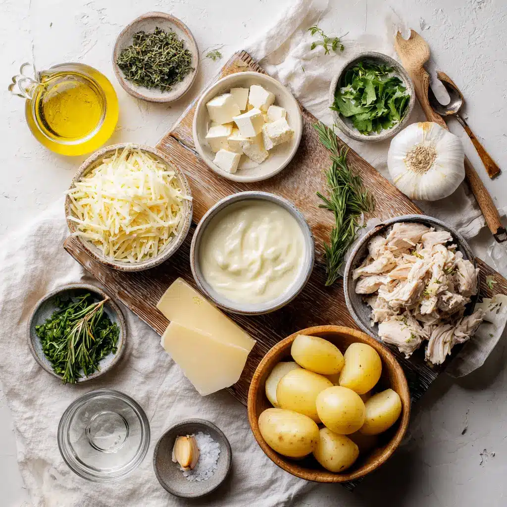 High Protein Creamy Garlic Cheesy Chicken & Potatoes Recipe - Make It Delicious 4 Ingredients laid out for High Protein Creamy Garlic Cheesy Chicken & Potatoes including cubed chicken breast, potatoes, cream cheese, garlic, and herbs