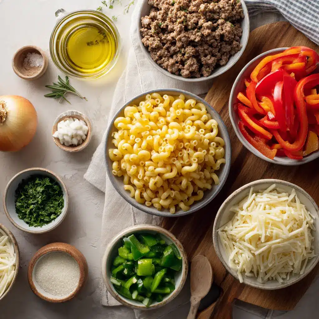 High-Protein Creamy Philly Cheesesteak Mac Cheese Recipe 5 Ingredients arranged for high-protein creamy Philly cheesesteak mac and cheese, featuring ground beef, colorful bell peppers, and cheese