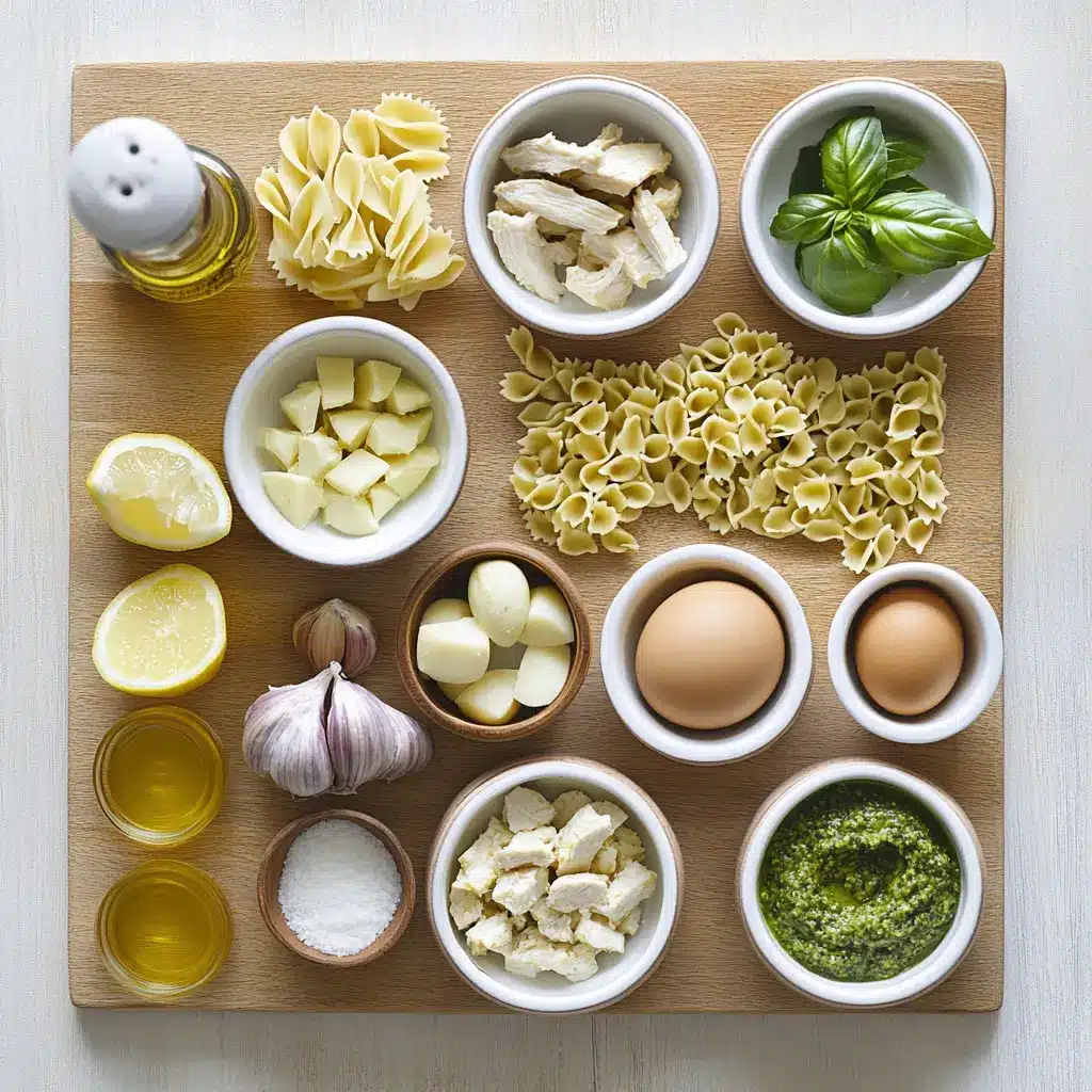 High Protein Pesto Pasta with Chicken: Easy and Delicious 4 Fresh ingredients for making high protein pesto pasta with chicken displayed on a kitchen counter