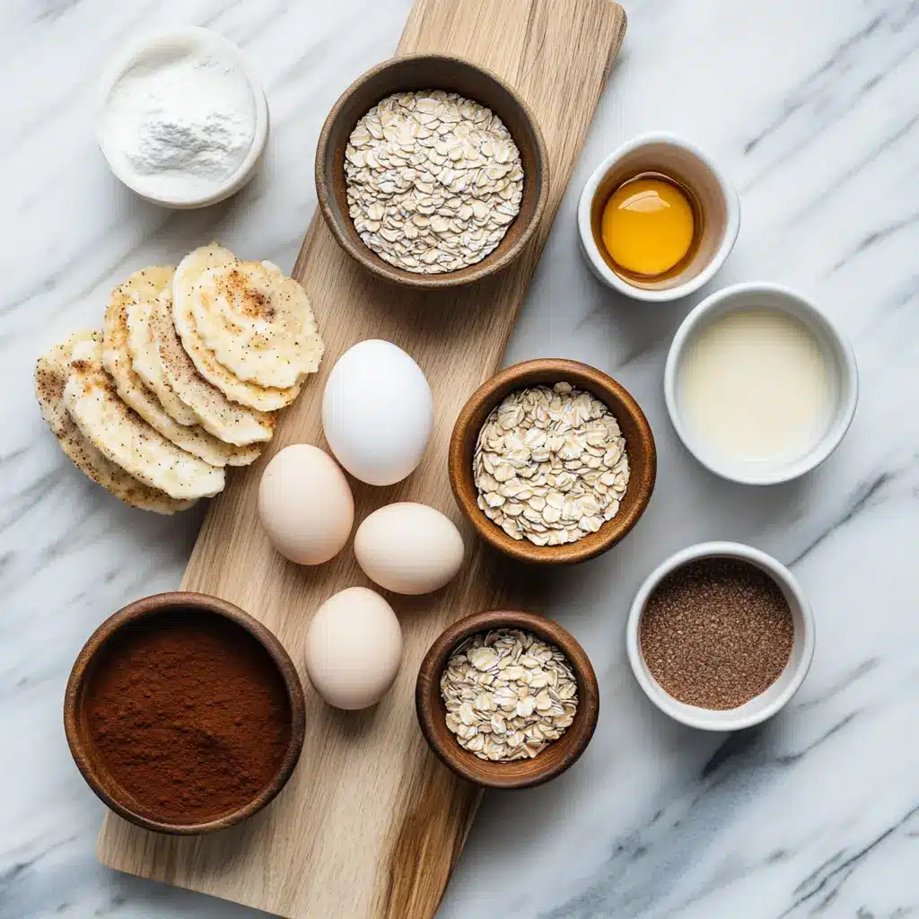 Ingredients for high protein powder pancakes including oats, banana, eggs, and protein powder on a clean background